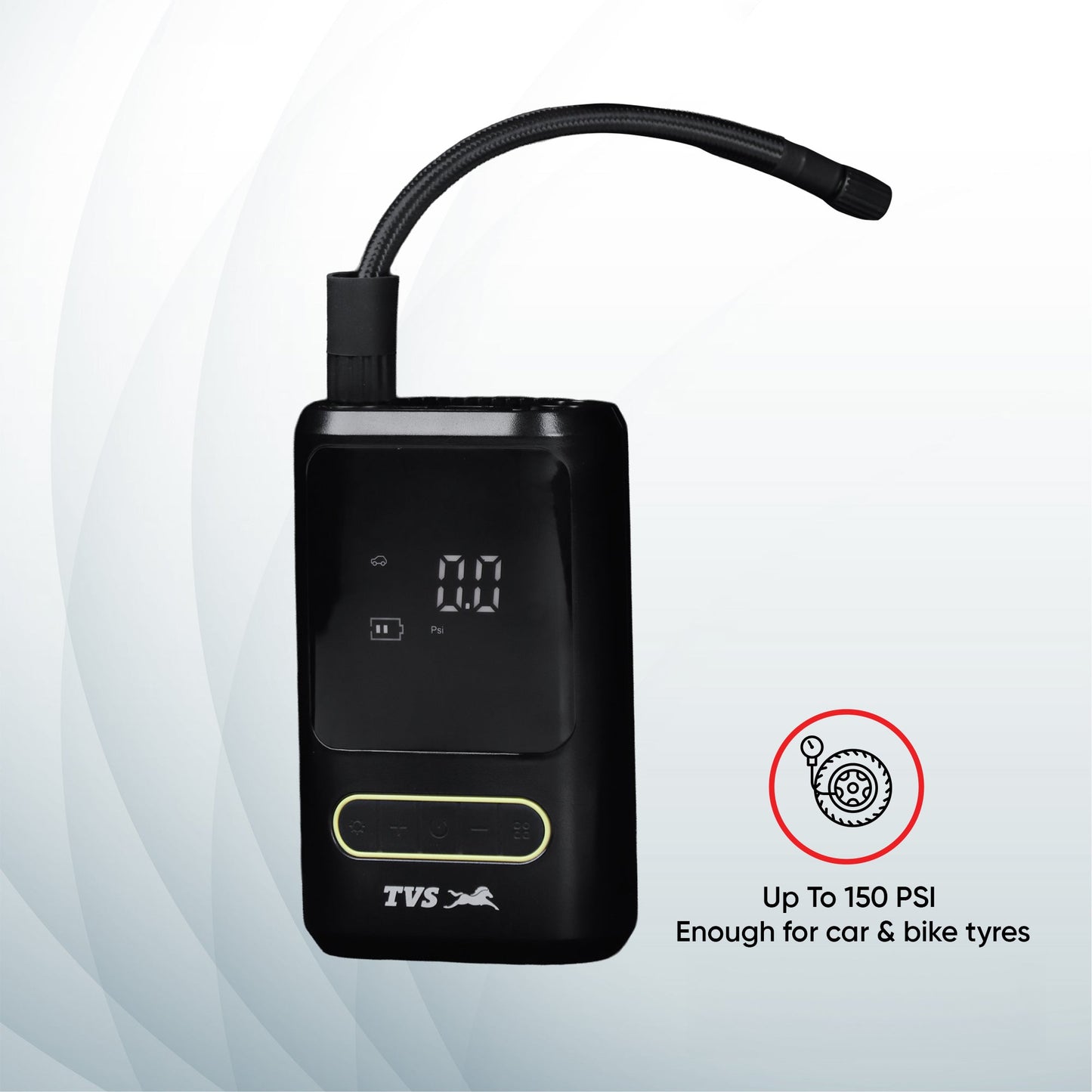 TVS Tyre Air Inflator 150 PSI Portable with Digital Display, LED Light, Multi-Nozzle & Multi-Mode Settings, Rechargeable 2000 mAh Battery for Car, Motorcycle, Bicycle & Sports Balls