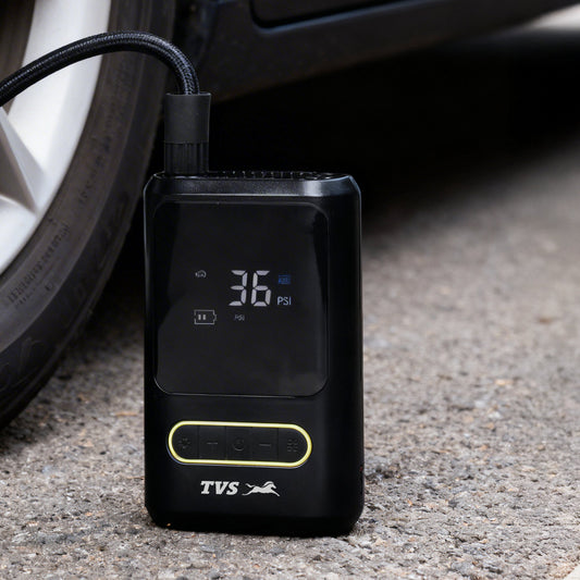 TVS Tyre Air Inflator 150 PSI Portable with Digital Display, LED Light, Multi-Nozzle & Multi-Mode Settings, Rechargeable 2000 mAh Battery for Car, Motorcycle, Bicycle & Sports Balls
