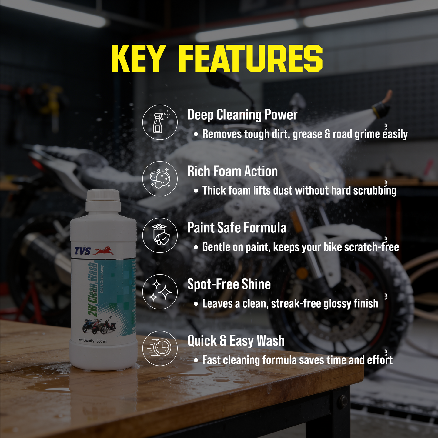 TVS Two-Wheeler Clean Wash 500ml | Powerful Bike Cleaner for Oil, Grease & Dirt Removal