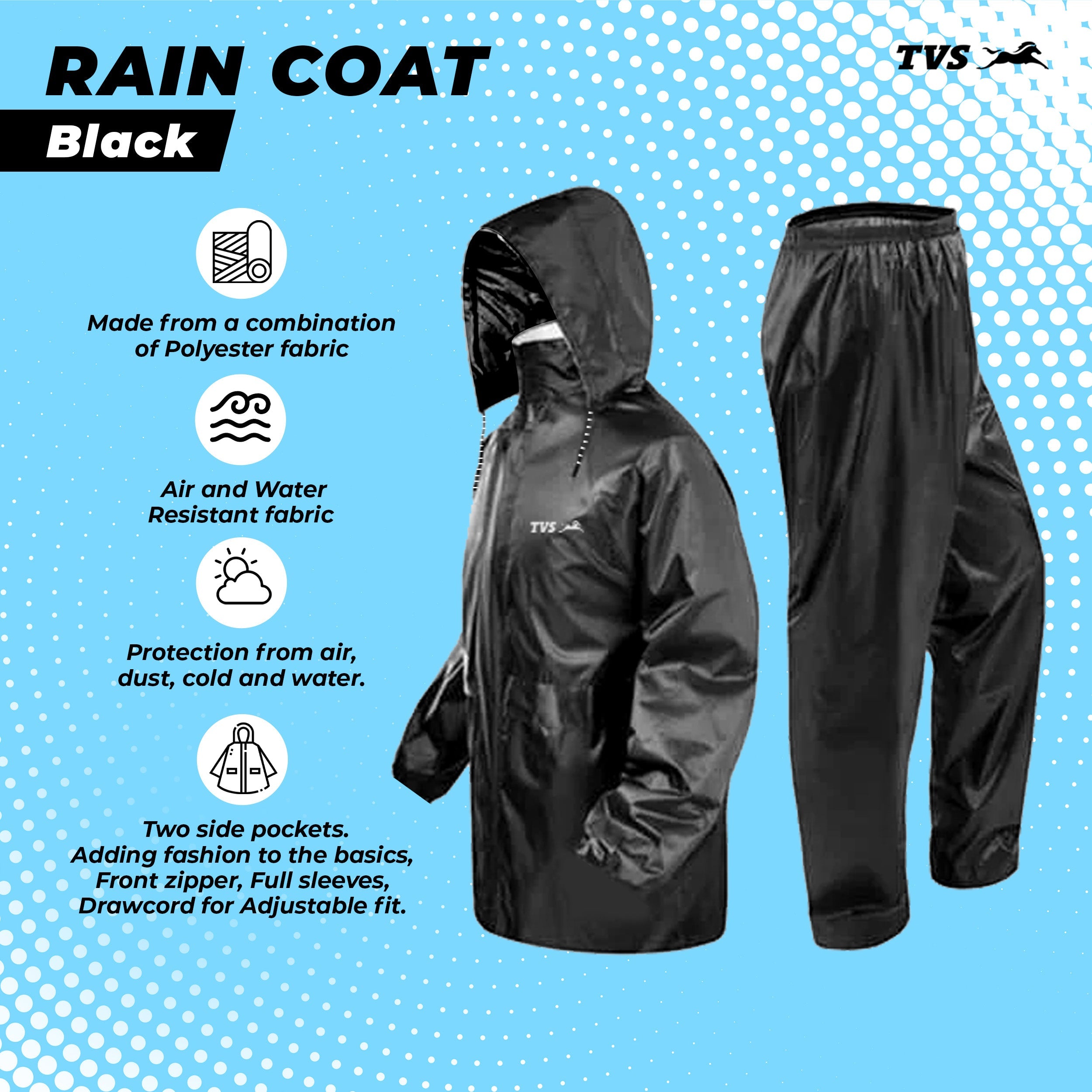  TVS Rain Coat, Color: Black - Stay Dry and Stylish in Any Weather